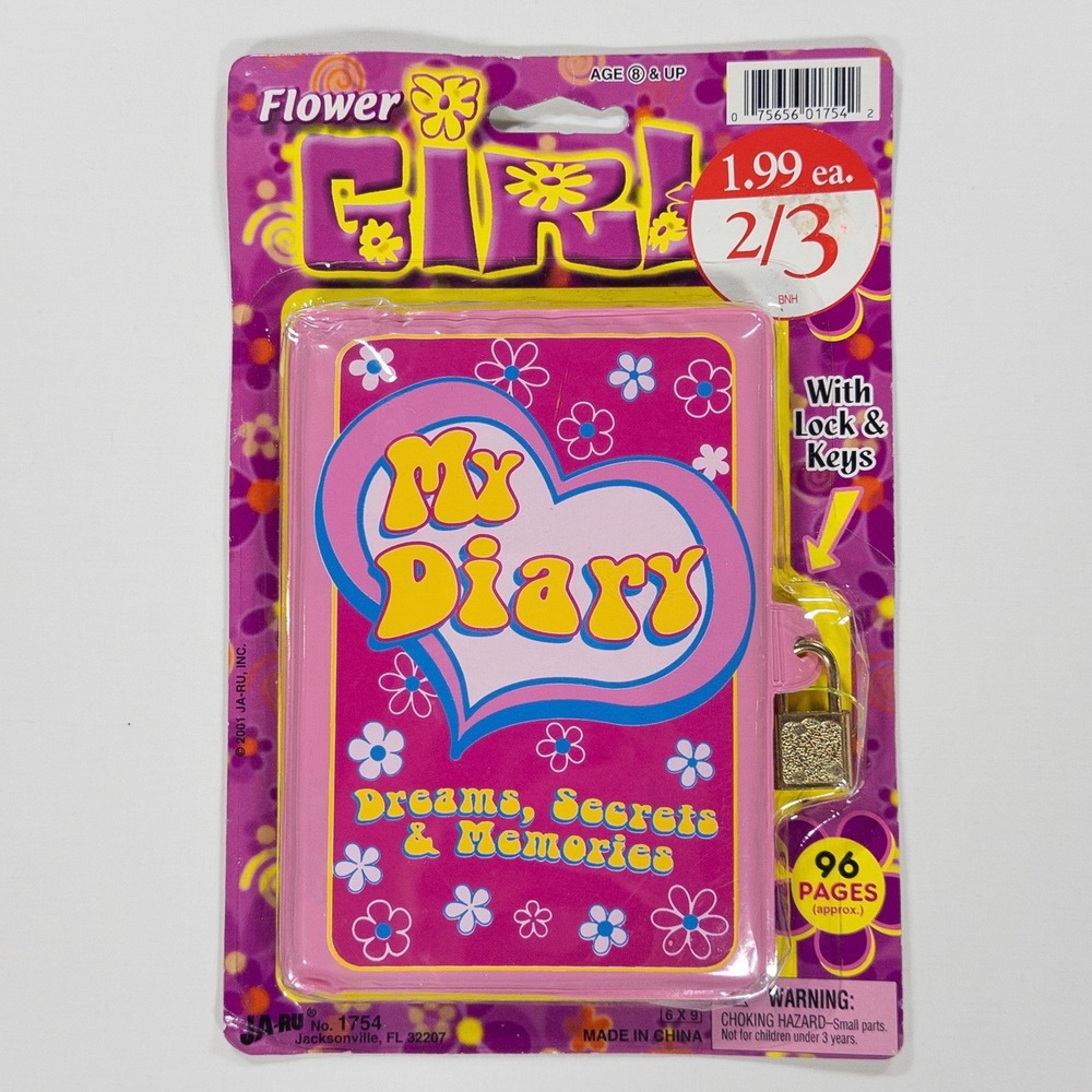 Vtg 2001 Y2K Flower Power Girl Diary Pink Yellow Heart Lock Childhood Deadstock
